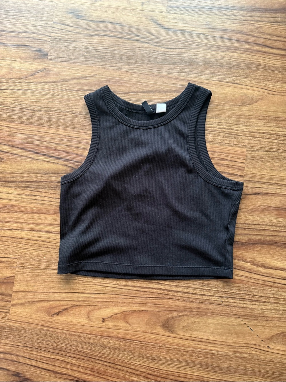 Divided Black Ribbed Crop Tank - Sleeveless Crew Neck